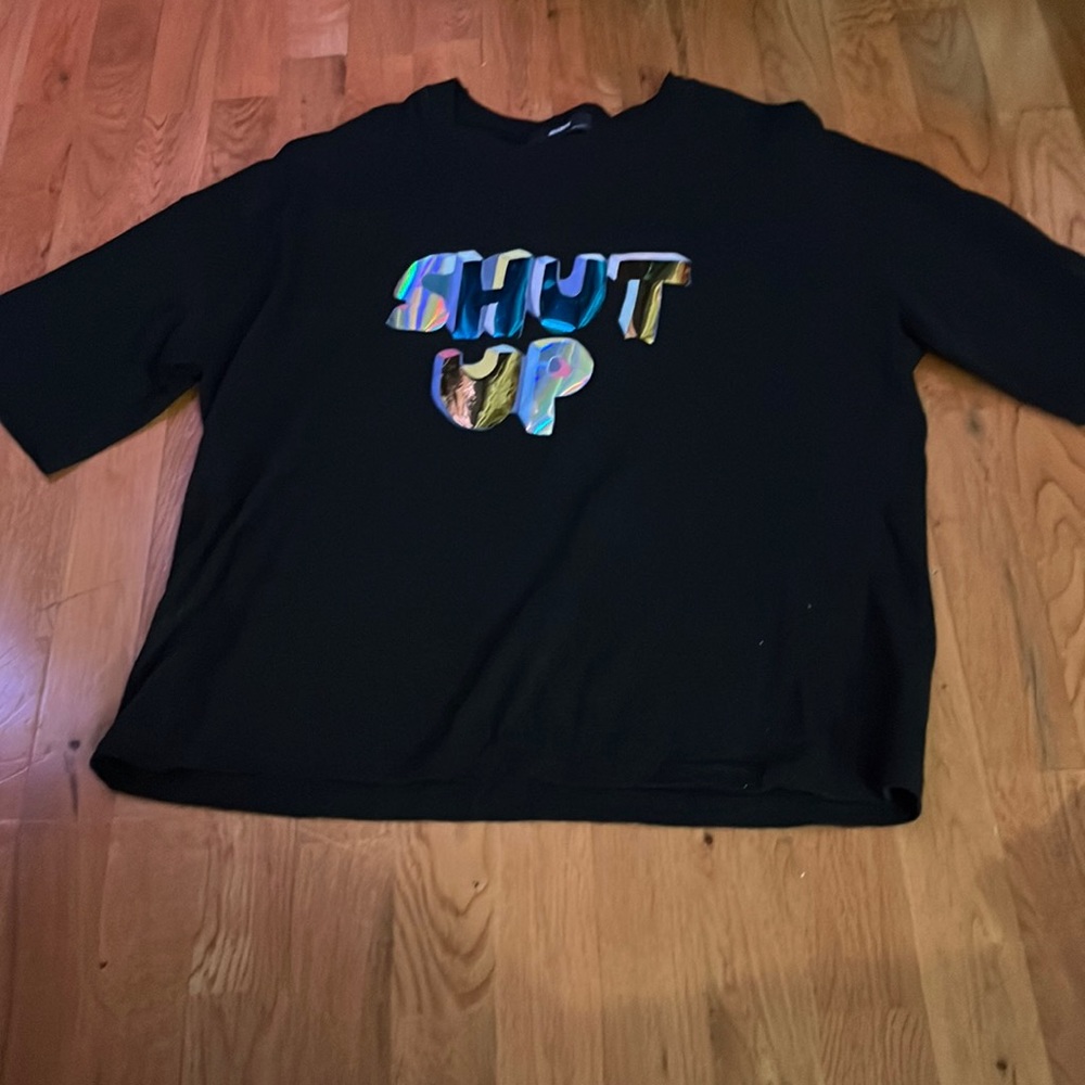 Shiny black graphic shut up shirt by the brand secret from Hong Kong (maple)